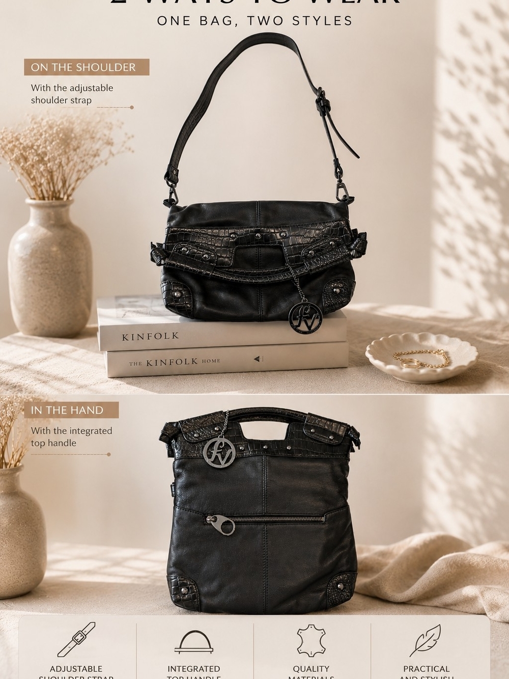 NWOT Authentic Vintage Fortuna Valentino Convertible 2-Way Black Leather Bag